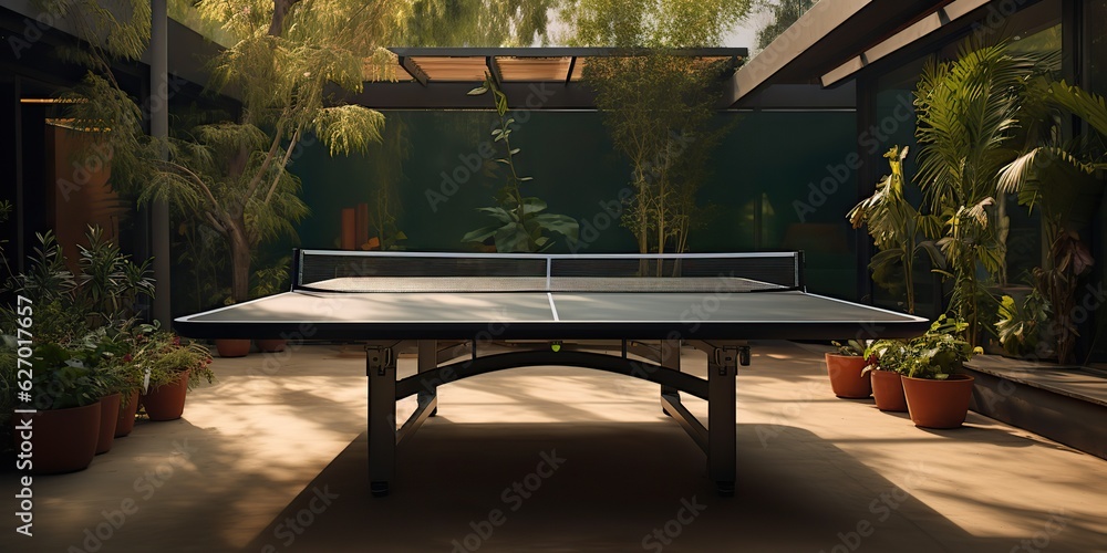 AI Generated. AI Generative. Outdoor nature table tennis ping pong game sport at sunet. Graphic Art
