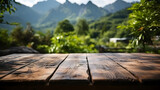 The empty wooden brown table top with blur background