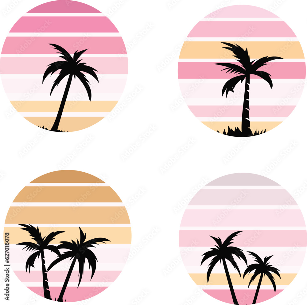 set of tropical banners. set of island icons. retro sunsets in the style of the 80s and 90s. Abstract background with a sunny gradient. Silhouettes of palm trees. pink white yellow kids light color