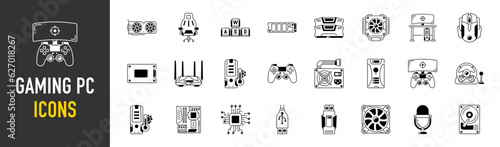 Gaming pc icon set. Gaming and multimedia. Game console and accessories. Headphones, keyboard, console, monitor, gamepad. Isolated icons, objects on a transparent.