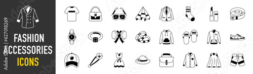 Fashion accessories icons set. Glasses, backpack, purse watch, fedora and more icon illustration. Vector signs of fashion supplement. 