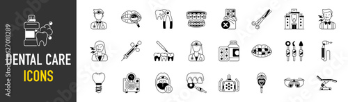 Dental care icons. Vector illustration include icon - implant, braces, dentist, toothache, aligners, veneers, tooth pictogram for stomatology clinic.