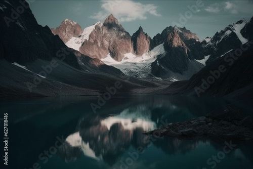 A pristine lake encircled by towering, snowy peaks. Generative AI
