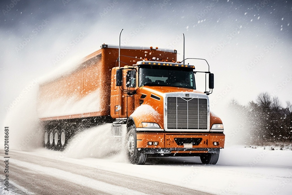 Winter maintenance vehicle salts highway, deicing an orange truck on