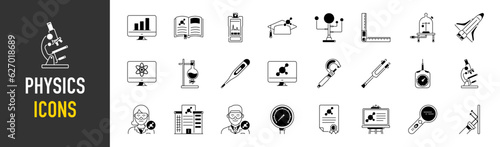 Education icon set. Containing physics, study, graduation, student, knowledge, learning, school and stationery icons. Solid icon set. Vector illustration.