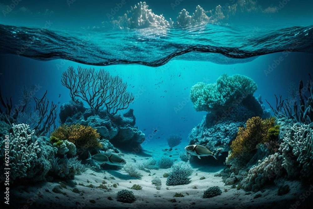 An underwater landscape showcasing a coral reef and vast seascape. Generative AI