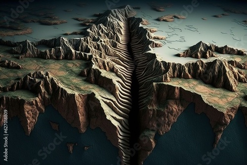 Tectonic faults in Earth's surface can cause earthquakes; the fault movement decides the fault type. Generative AI photo