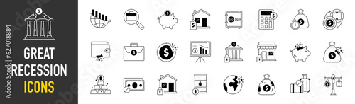 Economic crisis web icon set in solid style. Decrease, layoff, job fired, pay cuts, low cost, collection. Vector illustration.