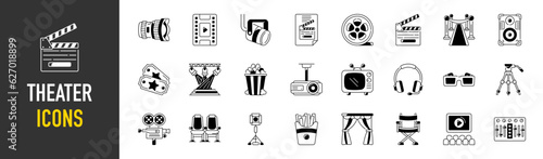 Theater icons set vector illustration. Contains such icon as cinema, film, movie, tv, video and more.