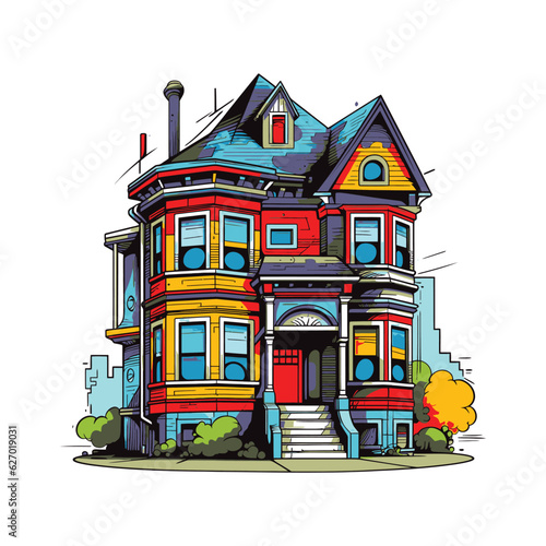 Colorful house with colorful windows, in the style of pop art graphic style, detailed character illustrations with isolated white background