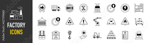 Simple Set of Mass Production Related Vector Icons. Contains such Icons as Factory, Industrial Oven, Robot Manipulator, Warehouse, Painting Bot and more.
