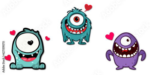 Funny monsters with a heart. Cartoon love ghosts.