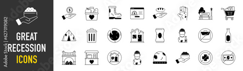 Economic crisis web icon set. Recession, Decrease, layoff, job fired, pay cuts, low cost, collection. Vector illustration.