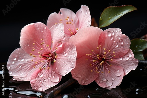 There are two pink flowers with water droplets on a black surface. (Generative AI) © HandmadePictures
