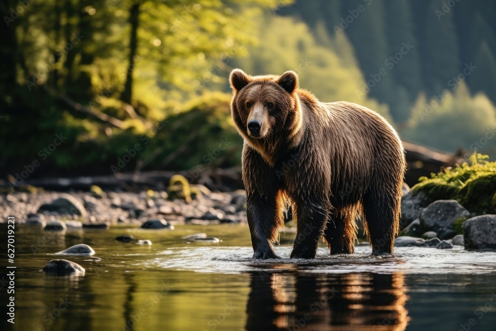 A bear stands near a river by a forest. (Generative AI) A bear stands near a river by a forest. (Generative AI)