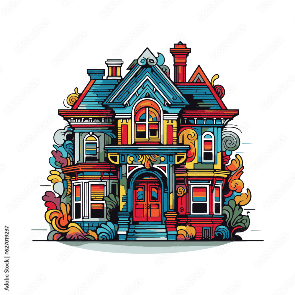 Colorful Abode: Pop Art Style House featuring Striking Character Illustrations with white isolated background