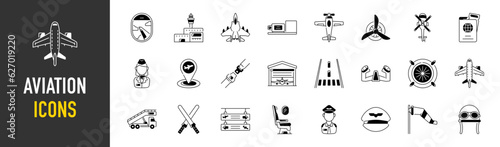 Set of airport icons. vector icon set such as takeoff, runway, air balloon, landing, monitors, aircraft. aviation vector illustration.