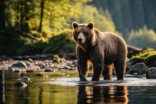 A bear stands near a river by a forest. (Generative AI)