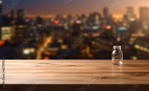 wooden table for product display with city and building views in the background