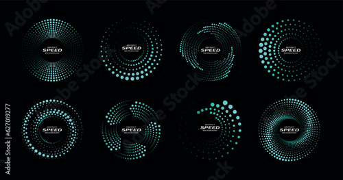 Speed lines in circle form. Thick halftone dotted speed lines. Design element for technology round logo, frame, tattoo, web pages, prints, posters. Abstract background template