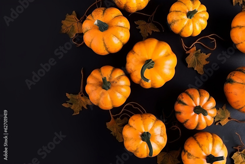 A group of small pumpkins surrounded by autumn leaves photo