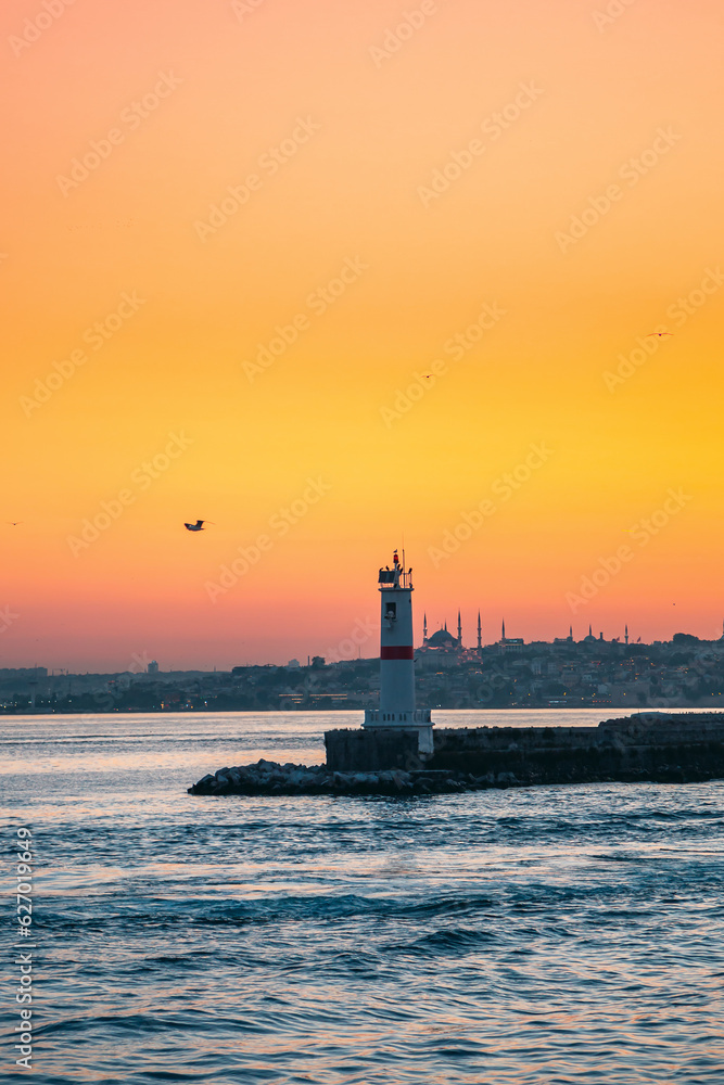 Sunset with a view of a flying seagull, lighthouse and mosque in the back. Istanbul Türkiye