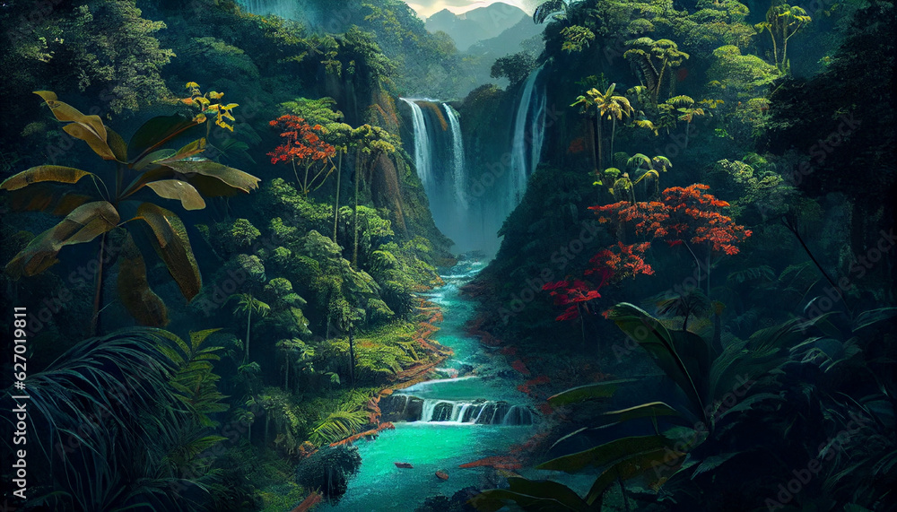 Obraz premium An immersive drone view of a lush jungle, dense foliage stretching as far as the eye can see, Created using generative AI tools