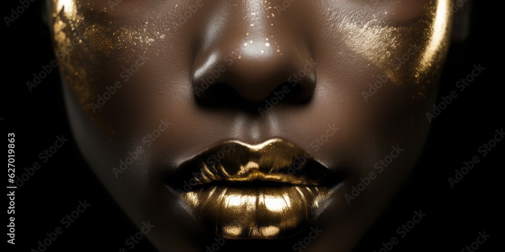 Golden Lips, Close-Up of Frontal Black Womans Face with Highlighted Golden Lips in Dark Paradise Style Golden Lips, Close-Up of Frontal Black Womans Face with Highlighted Golden Lips in Dark Paradise Style