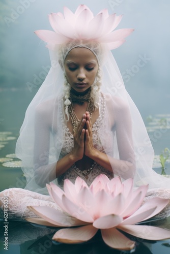A beautiful woman, veiled in white, sits in perfect stillness amidst a tranquil landscape of water, flowers, and yoga, embodying a sense of peace and grace © Glittering Humanity