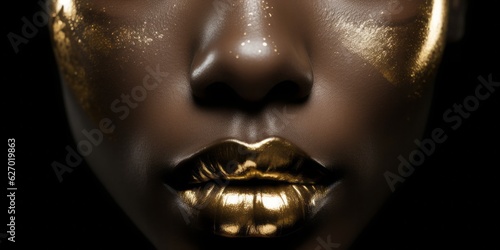 Golden Lips, Close-Up of Frontal Black Womans Face with Highlighted Golden Lips in Dark Paradise Style