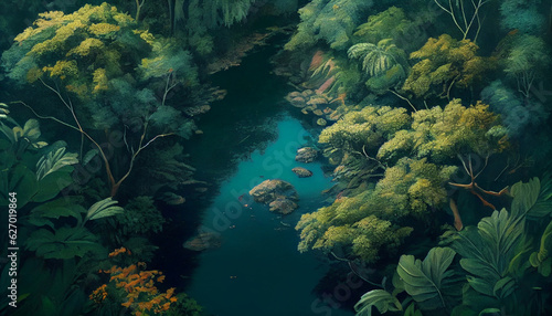 An immersive drone view of a lush jungle  dense foliage stretching as far as the eye can see  Created using generative AI tools