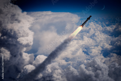 Missile flying in the sky, military long range rocket, 3d render