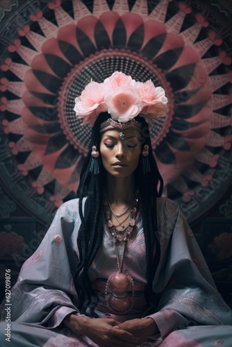 A beautiful woman in a tranquil meditation, adorned in a zen-inspired yoga garment, stands as a peaceful art statue, embodying serenity with a flower in her hand