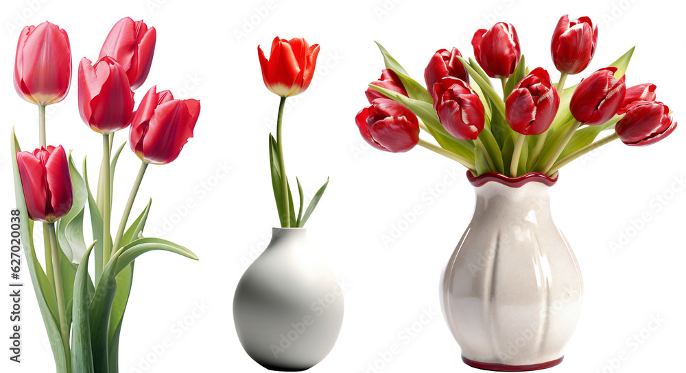 custom made wallpaper toronto digitalSet of red tulips / flowers. Bouquet of red tulips in a white ceramic vase. One tulip in a white vase. Isolated on a transparent background. KI.