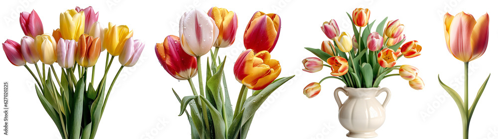 Set of colorful tulips/flowers. Bouquet of colorful tulips in a white vase. Colorful tulip close up. Isolated on a transparent background. KI. - obrazy, fototapety, plakaty 