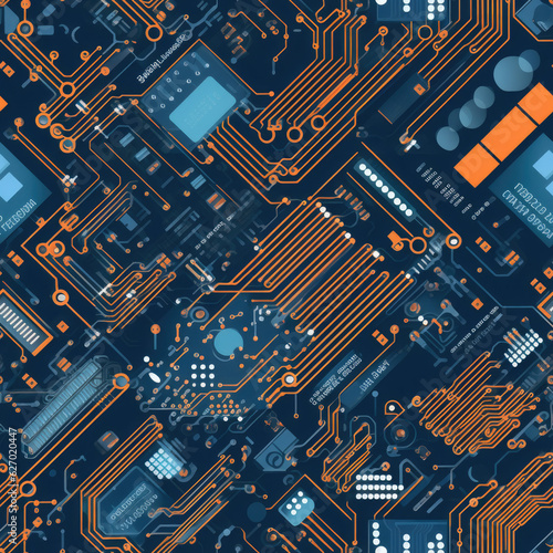 A repeating circuit board or electrical pattern that can be used to tile a background seamlessly. Great for presentations, or wallpaper.