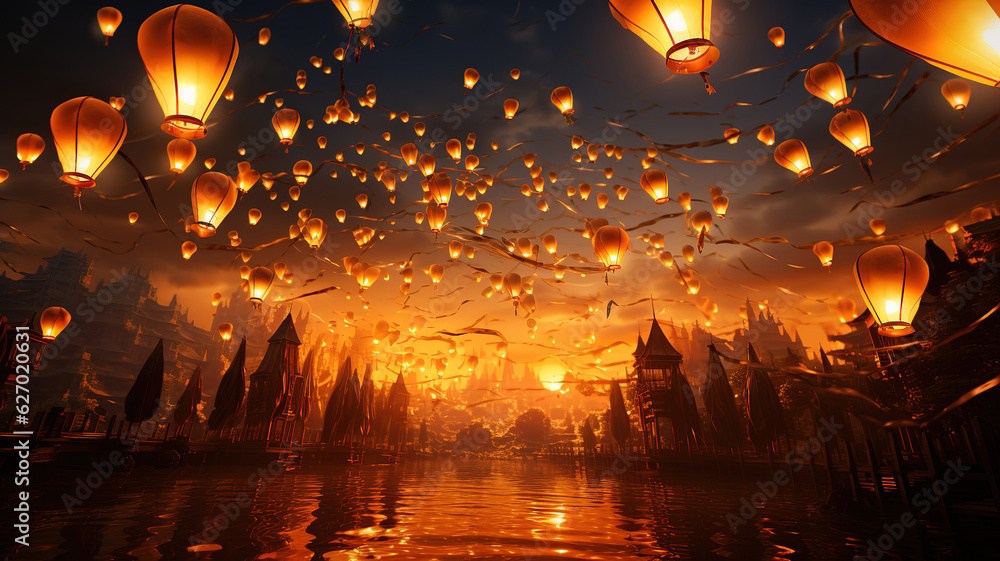 Happy chinese new year, chinese lanterns in the night sky. Generative Ai