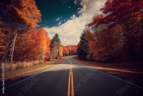 Scenic autumn drive on an empty road surrounded by fall foliage and trees. Generative AI