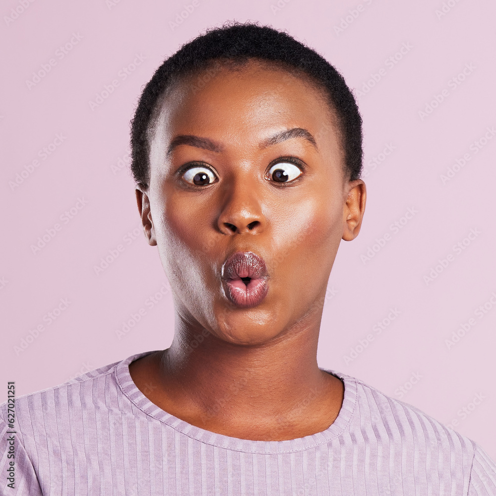 Female person, funny and squinting eye with pink studio background in