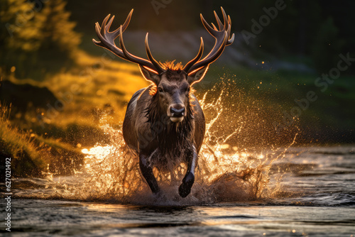 A large elk with a full set of antlers running through a shallow river, golden hour