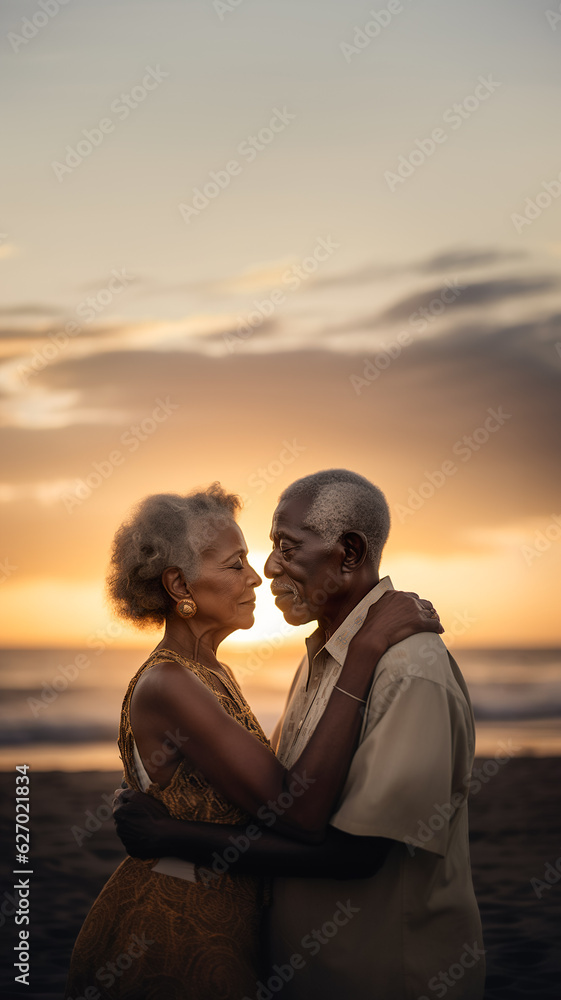 Elderly pair hugging, embracing love at sunset
