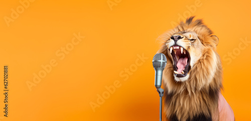 Lion shouting or singing into microphone. Banner with copy space at side. Generative AI