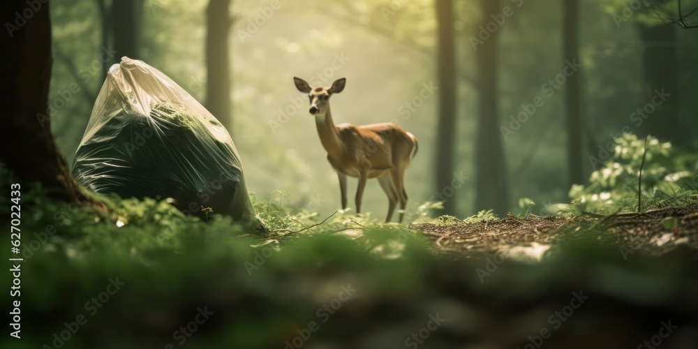 Fototapeta premium Deer Observing Young People Cleaning Garbage in Eco-Friendly Forest Cleanup