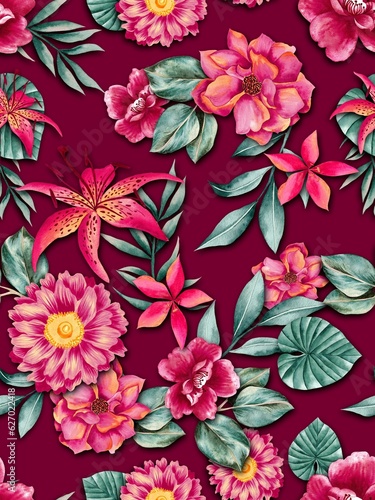 Watercolor flowers pattern, red tropical elements, green leaves, red background, seamless