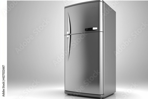 Silver fridge isolated on white background. Generative AI