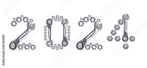 Pattern of metal nuts for bolts, numbers 2024 New Year, isolate on a white background.