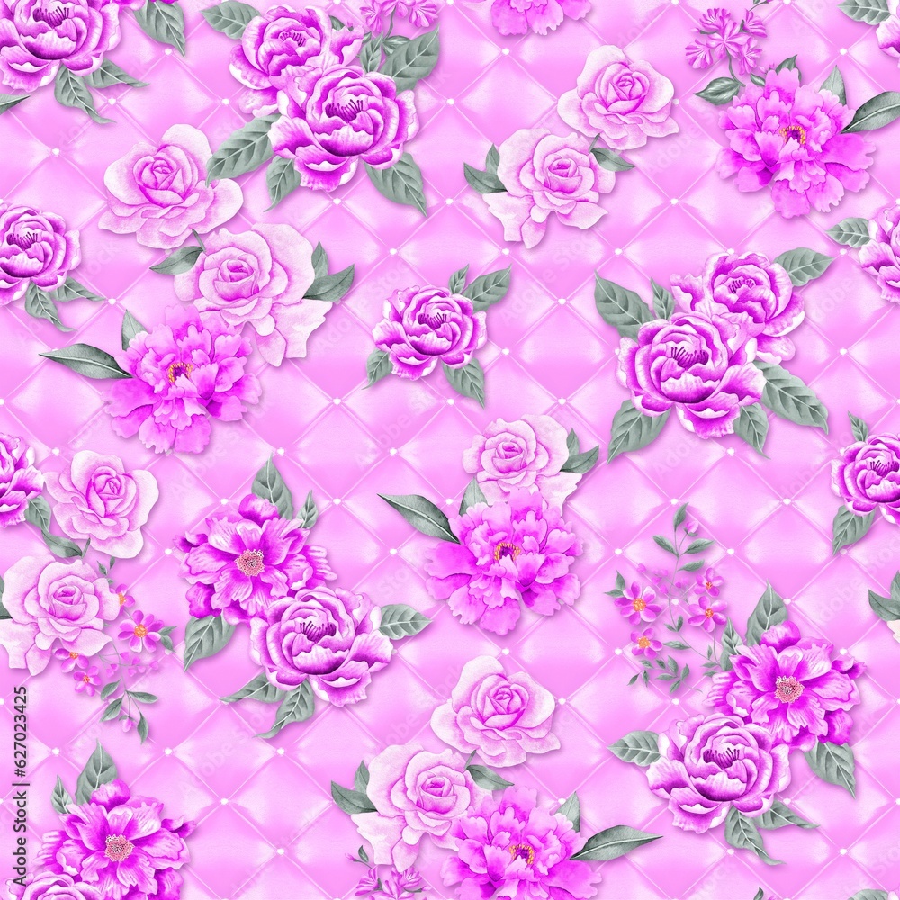 Watercolor flowers pattern, purple tropical elements, green leaves, purple background, seamless
