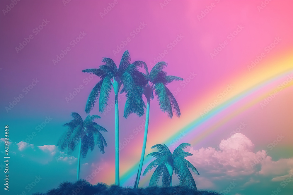Fototapeta premium Palm trees and rainbow 80s landscape in vaporwave style. Retrowave vacation background with tropical sunset and palms. Generated AI.