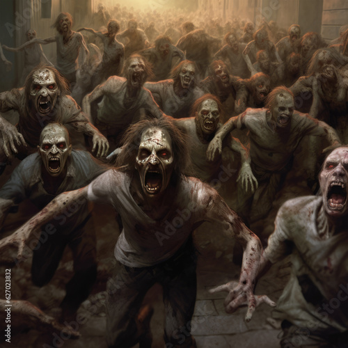 horde of angry zombies with red eyes running at me