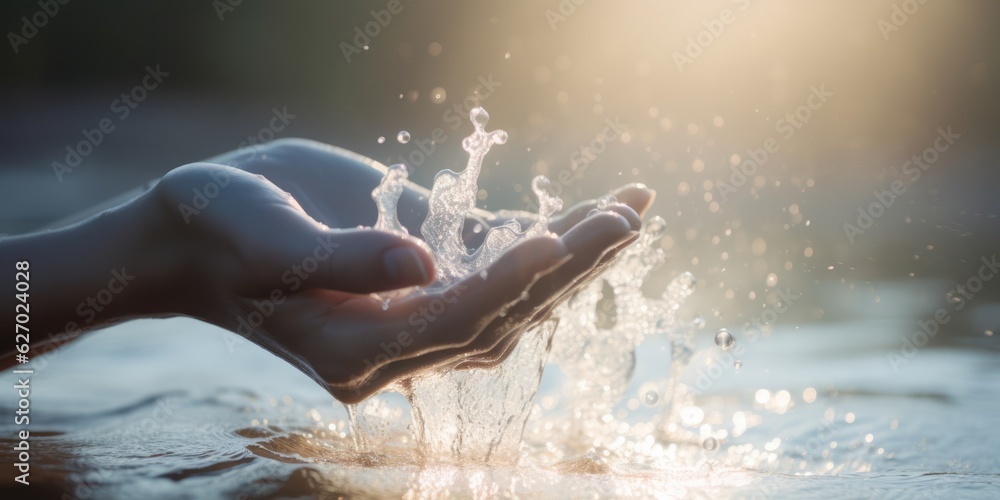 Womans Hands with Water Splashing, Symbolizing Water Scarcity and Global Impact